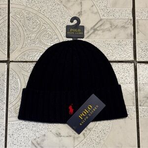 New Polo Ralph Lauren Wool Blend Ribbed Cuff Beanie Navy Pony Red Logo Men’s